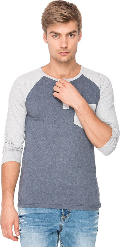 Campus Sutra Solid Men Henley Blue, Grey T-Shirt