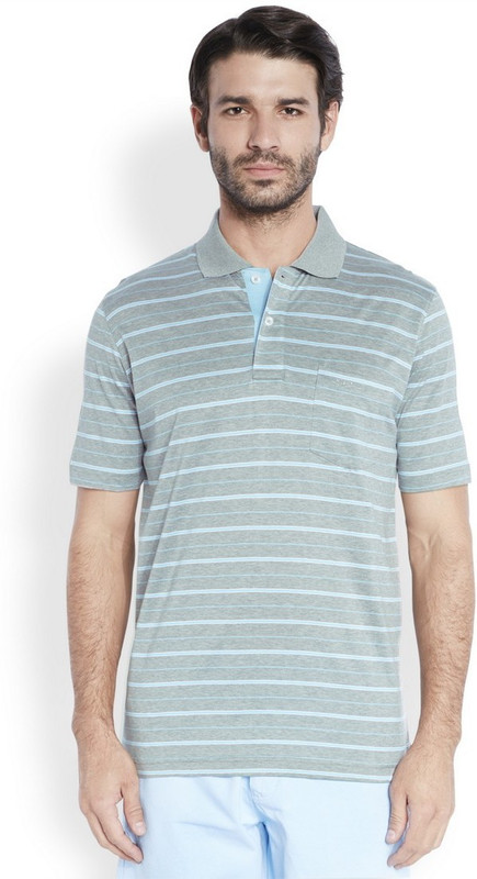 ColorPlus Striped Men Polo Neck Light Blue T-Shirt