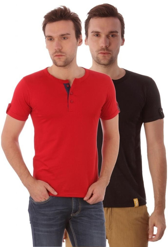 Campus Sutra Solid Men Henley Black, Red T-Shirt(Pack of 2)