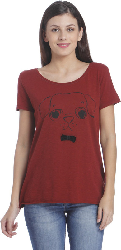 Only Printed Women Round Neck Maroon T-Shirt