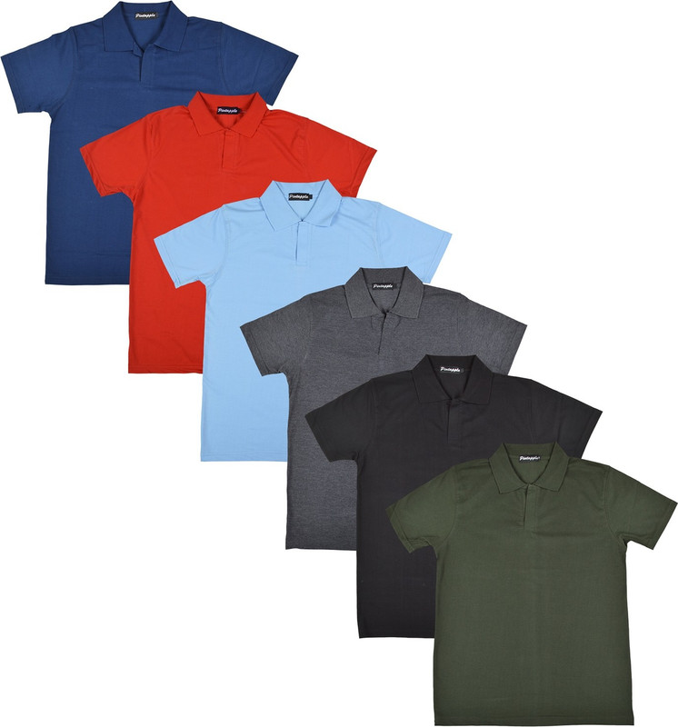 Pintapple Solid Men Polo Neck Black, Grey, Light Blue, Red, Dark Blue, Dark Green T-Shirt(Pack of 6)
