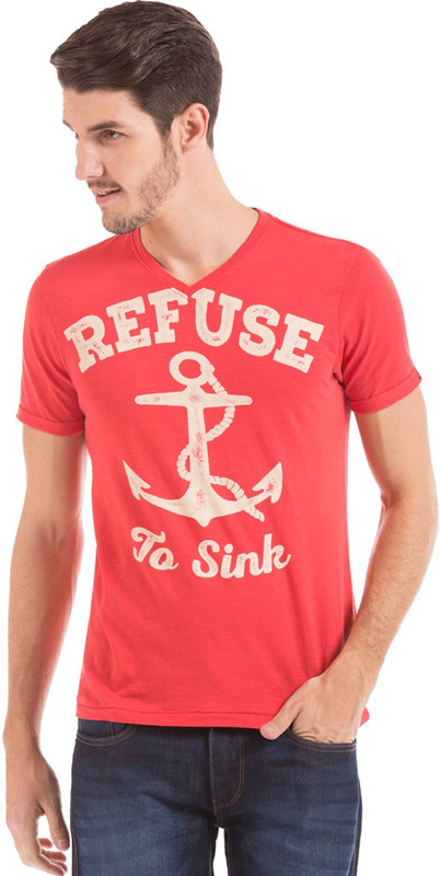 Flying Machine Solid Men V-neck Red T-Shirt