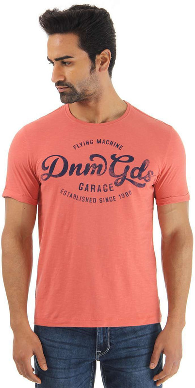 Flying Machine Printed Men Round Neck Orange T-Shirt