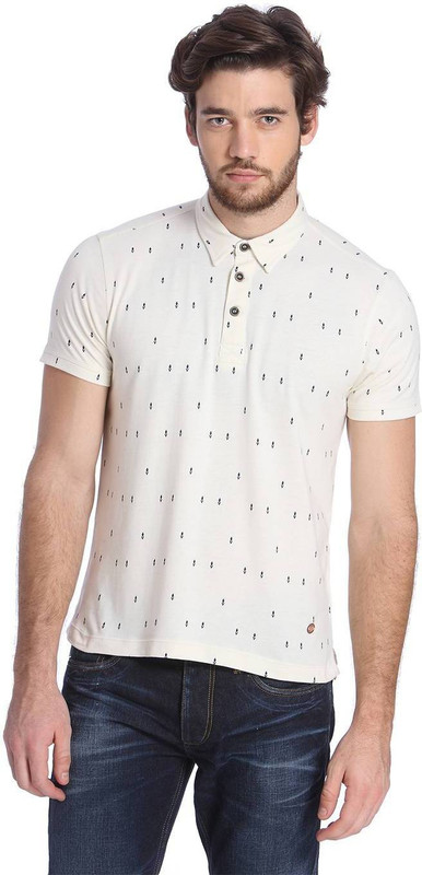 Jack & Jones Printed Men Polo Neck White T-Shirt