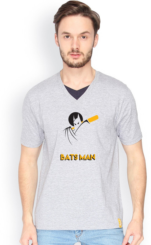 Campus Sutra Solid Men V-Neck Grey T-Shirt