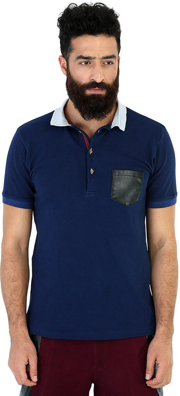 Mr Button Solid Men Polo Neck Dark Blue T-Shirt