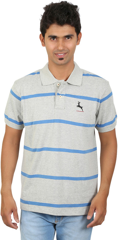 Red Line Striped Men Polo Neck Grey, Blue T-Shirt