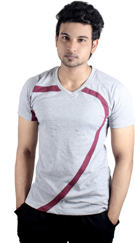 Spur Self Design Men V-neck Grey T-Shirt