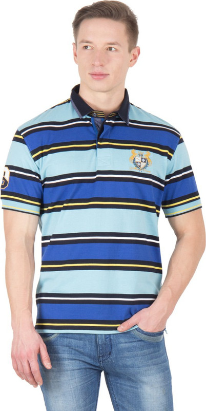 Wilkins & Tuscany Striped Men Polo Neck Light Blue T-Shirt