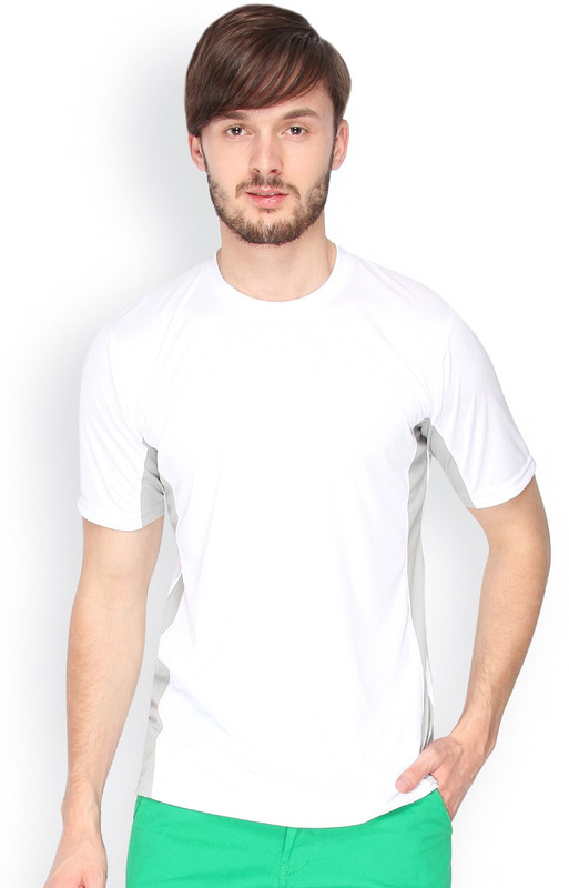 Campus Sutra Solid Men Round or Crew Denim White, Grey T-Shirt