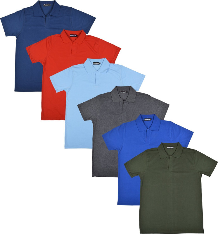 Pintapple Solid Men Polo Neck Blue, Grey, Light Blue, Red, Dark Blue, Dark Green T-Shirt(Pack of 6)