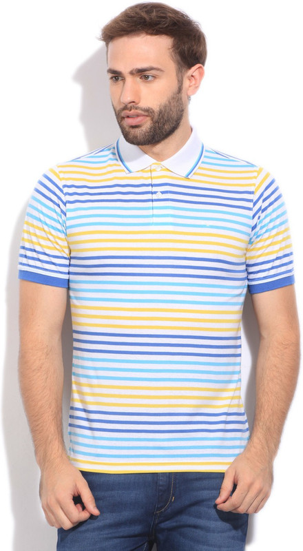 Peter England Striped Men Polo Neck White, Blue, Yellow T-Shirt