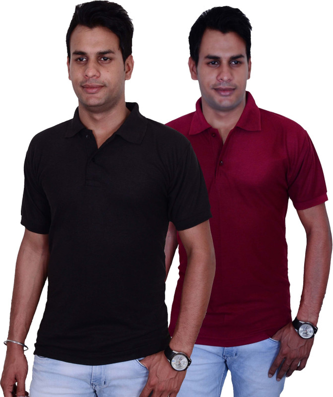 Blaze Solid Men Polo Neck Black, Maroon T-Shirt(Pack of 2)
