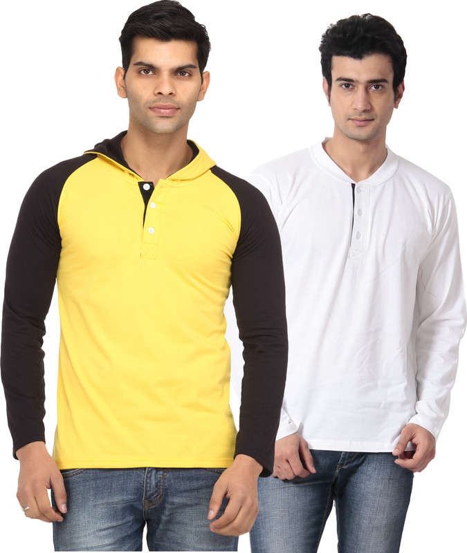 Leana Solid Men Round Neck Yellow, White T-Shirt(Pack of 2)
