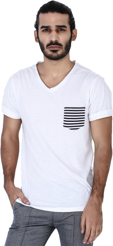 Mr Button Solid Men V-neck White T-Shirt
