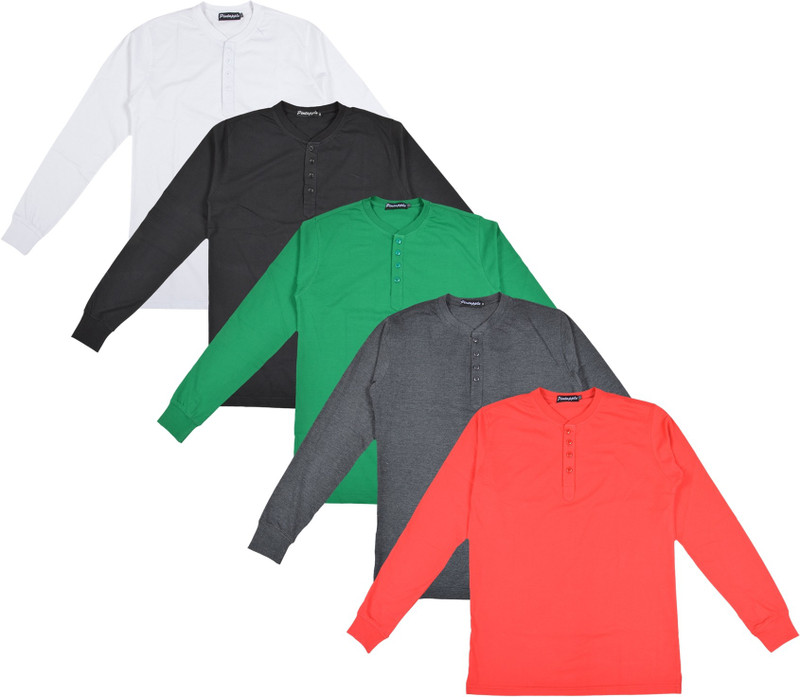 Pintapple Solid Men Henley Red, Grey, Green, Black, White T-Shirt(Pack of 5)