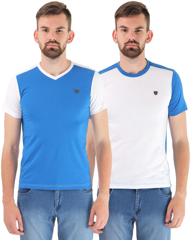 Cloak & Decker Solid Men Round Neck Blue, White T-Shirt(Pack of 2) Cloak & Decker Solid Men Round Neck Blue, White T-Shirt(Pack of 2)