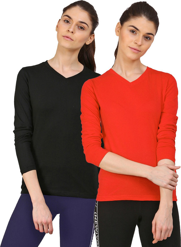 Ap'pulse Solid Women V-neck Black, Red T-Shirt(Pack of 2)
