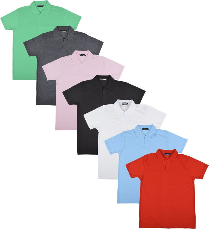 Pintapple Solid Men Polo Neck White, Black, Pink, Grey, Light Green, Light Blue, Red T-Shirt(Pack of 7)