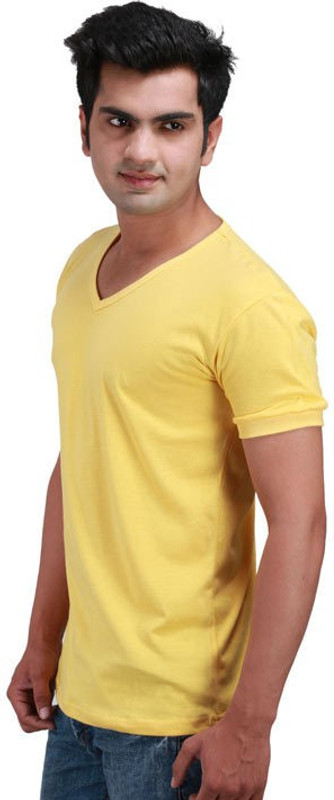 Inkovy Solid Men V-neck Yellow T-Shirt