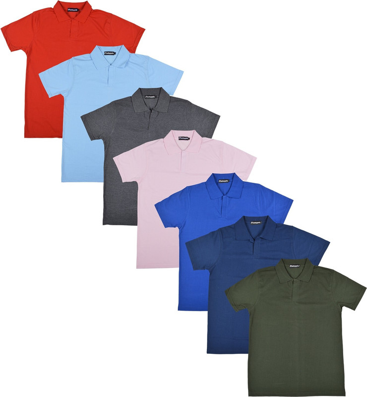 Pintapple Solid Men Polo Neck Blue, Pink, Grey, Light Blue, Red, Dark Blue, Dark Green T-Shirt(Pack of 7)