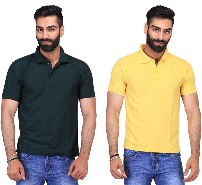 Fuego Solid Men Polo Neck Dark Green, Yellow T-Shirt(Pack of 2)