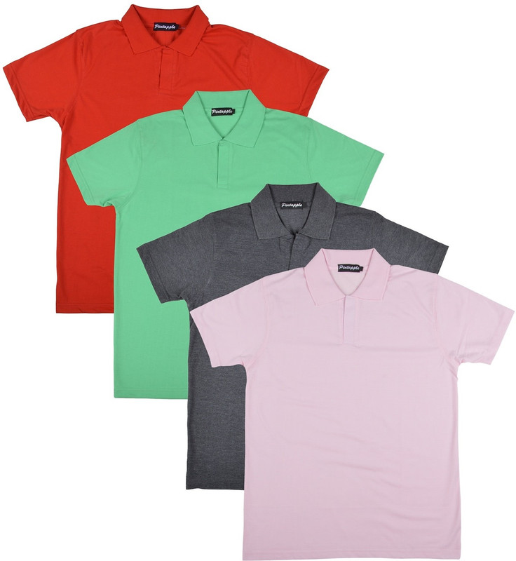 Pintapple Solid Men Polo Neck Pink, Grey, Light Green, Red T-Shirt(Pack of 4)