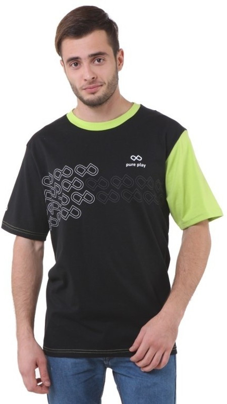 Pure Play Printed Men Round Neck Black, Light Green T-Shirt