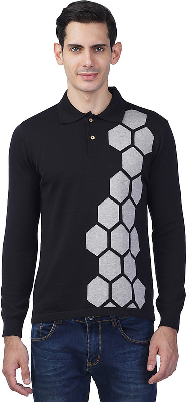 Kalt Self Design Men Polo Neck Black T-Shirt