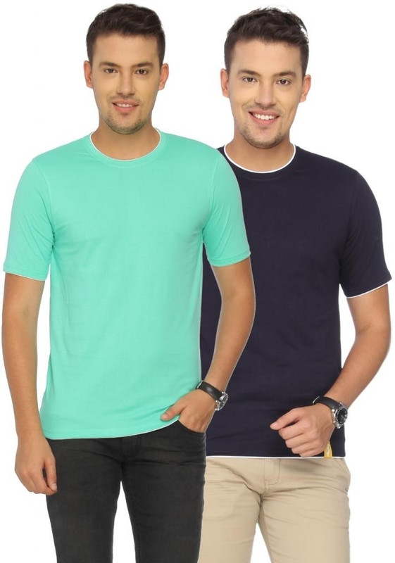 Campus Sutra Solid Men Round or Crew Dark Blue, Green T-Shirt(Pack of 2)