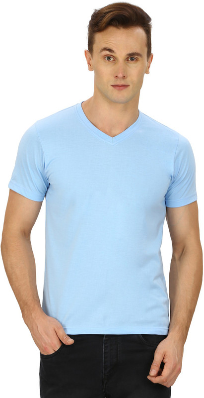 Pintapple Solid Men V-neck Light Blue T-Shirt