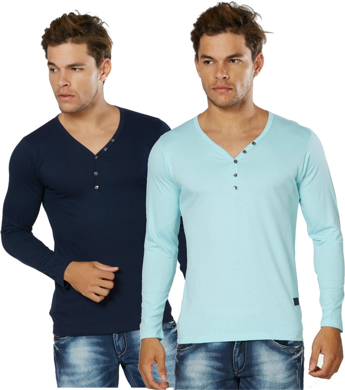 Alan Jones Solid Men Henley Light Blue, Dark Blue T-Shirt(Pack of 2)