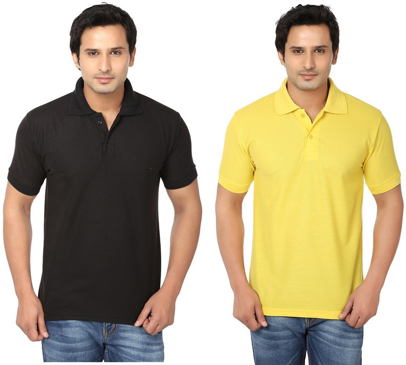 Keepsake Solid Men Polo Neck Black, Yellow T-Shirt(Pack of 2)