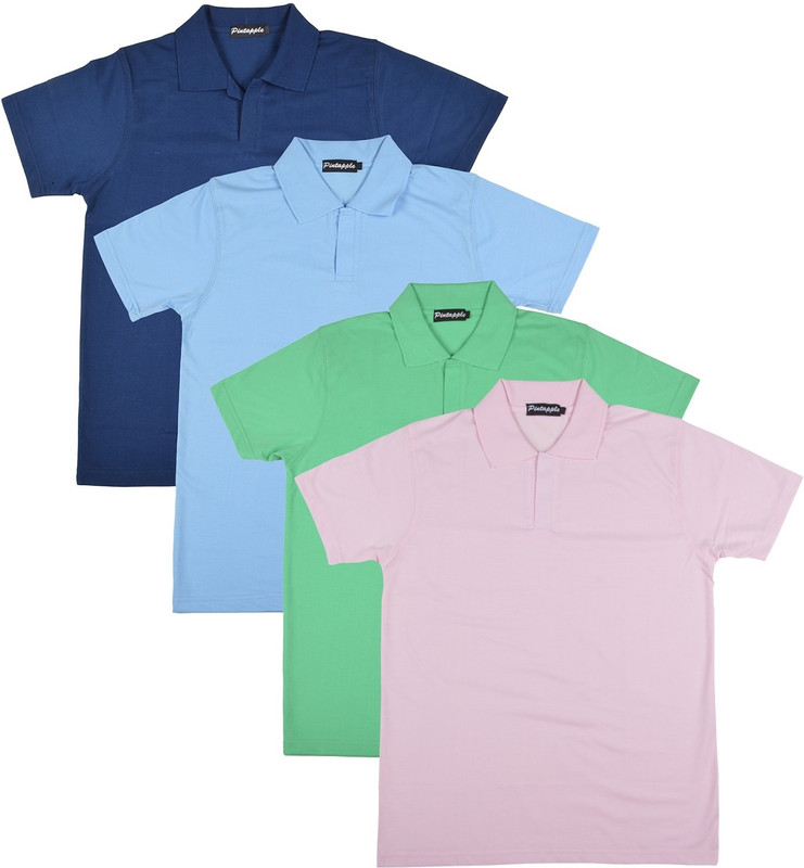 Pintapple Solid Men Polo Neck Pink, Light Green, Light Blue, Dark Blue T-Shirt(Pack of 4)