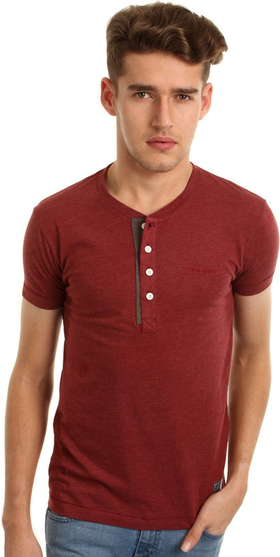 Flying Machine Solid Men Henley Maroon T-Shirt