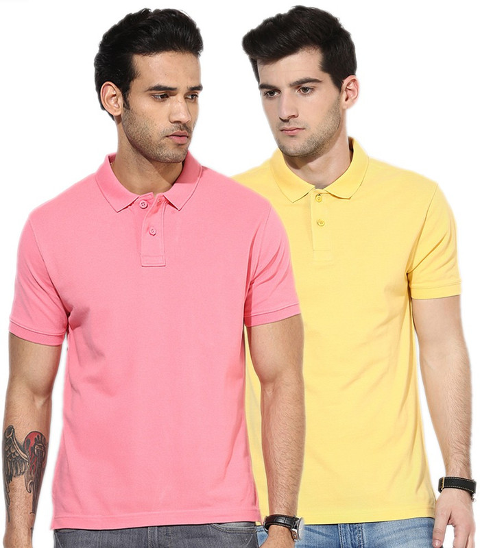 Go India Store Solid Men Polo Neck Pink, Yellow T-Shirt(Pack of 2)