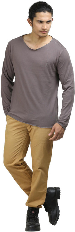 Oviyon Solid Men Boat Neck Grey T-Shirt