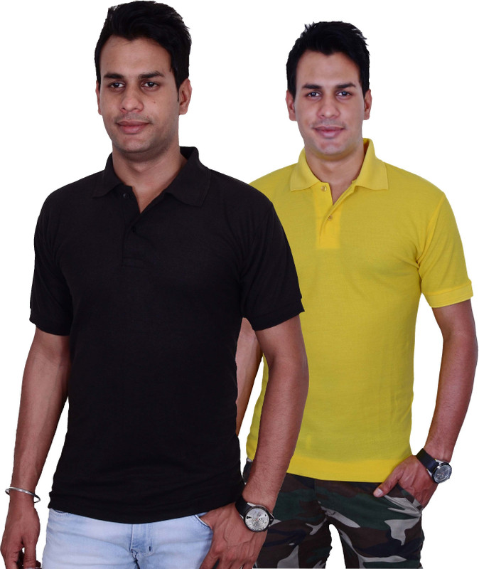Blaze Solid Men Polo Neck Black, Yellow T-Shirt(Pack of 2)