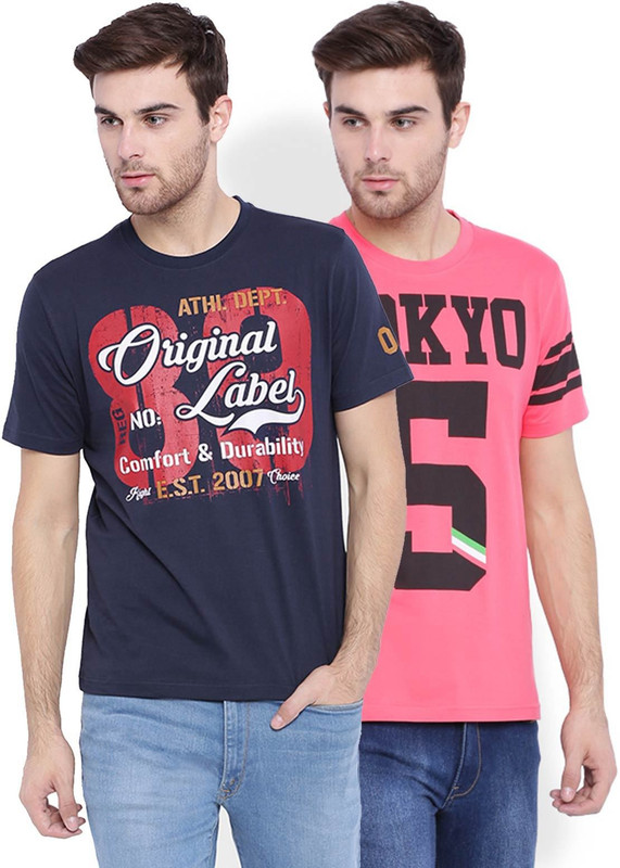 DIFFERENCE OF OPINION Printed Men Round Neck Pink, Blue T-Shirt(Pack of 2)