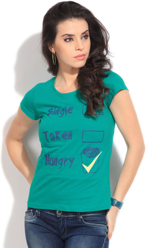 People Printed Women Round Neck Green T-Shirt