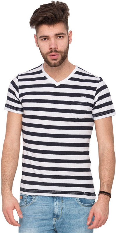 Mufti Striped Men V-neck Blue T-Shirt