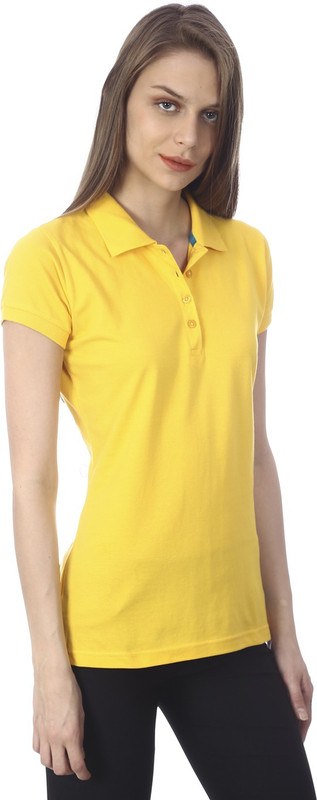 Goldstroms Solid Women Polo Neck Yellow T-Shirt