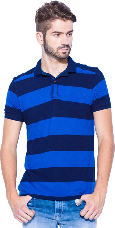 Mufti Striped Men Polo Neck Blue, Dark Blue T-Shirt