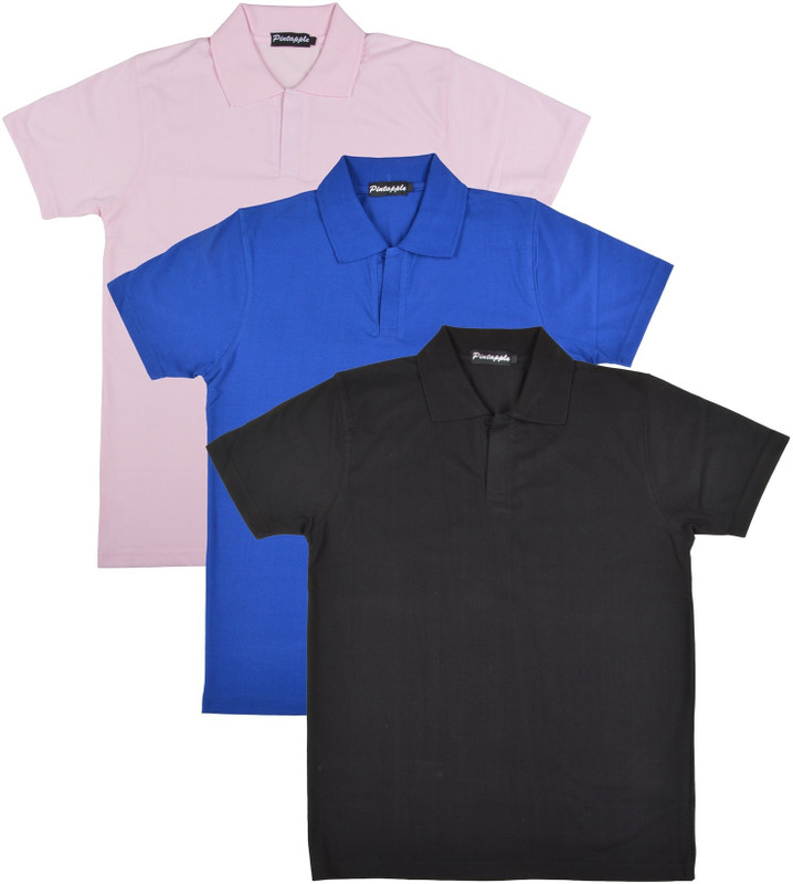 Pintapple Solid Men Polo Neck Black, Blue, Pink T-Shirt(Pack of 3)