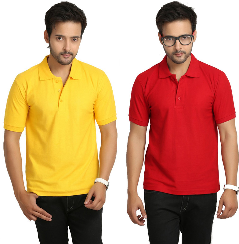 Weardo Solid Men Polo Neck Red, Yellow T-Shirt(Pack of 2)