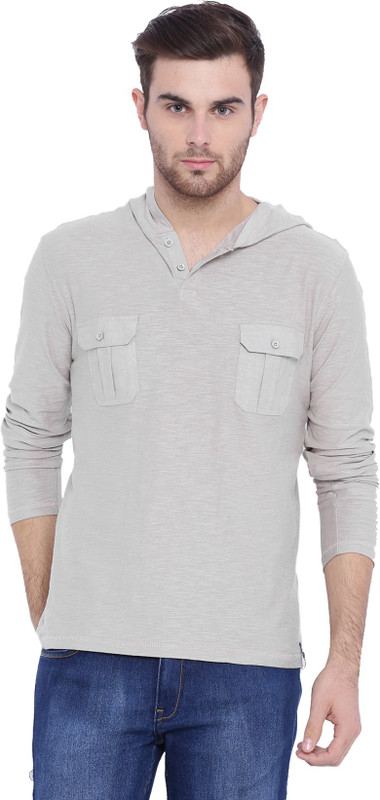 Arise Self Design Men Hooded Grey T-Shirt