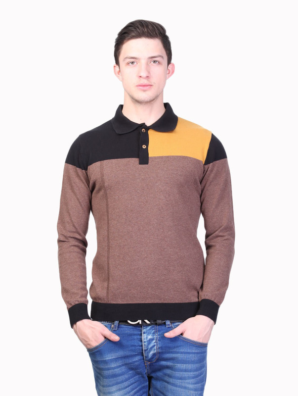 Kalt Self Design Men Polo Neck Brown T-Shirt