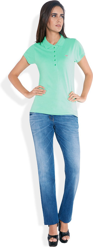 Park Avenue Solid Women Polo Neck Green T-Shirt