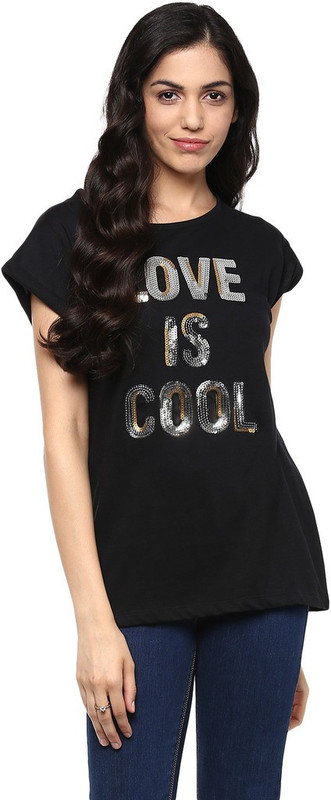 Querida Embellished Women Round Neck Black T-Shirt