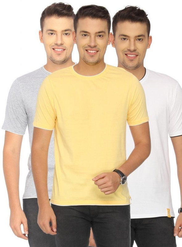 Campus Sutra Solid Men Round or Crew Grey, White, Yellow T-Shirt(Pack of 3)